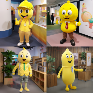 Yellow Plum mascot costume character dressed with a Oxford Shirt and Shoe laces