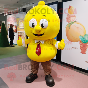 Yellow Plum mascot costume character dressed with a Oxford Shirt and Shoe laces