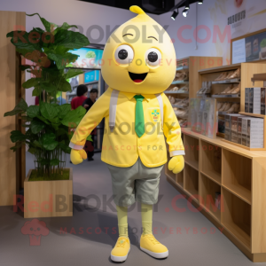 Yellow Plum mascot costume character dressed with a Oxford Shirt and Shoe laces