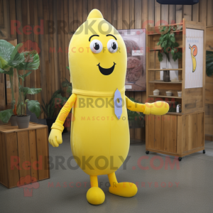 Yellow Plum mascot costume character dressed with a Oxford Shirt and Shoe laces