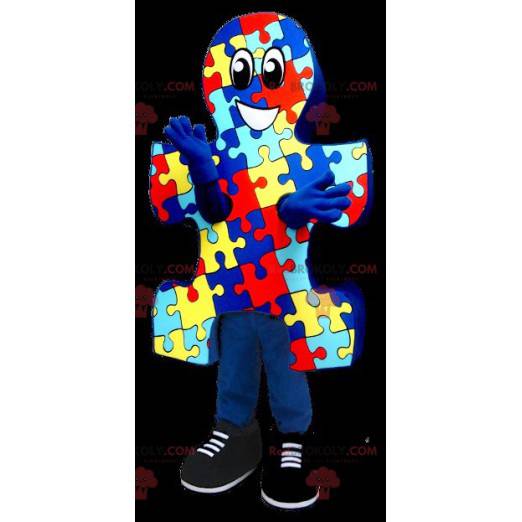 Blauw, geel en rood puzzelstukje mascotte - Redbrokoly.com