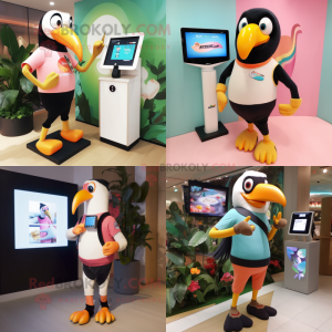 Peach Toucan mascot costume character dressed with a Leggings and Digital watches