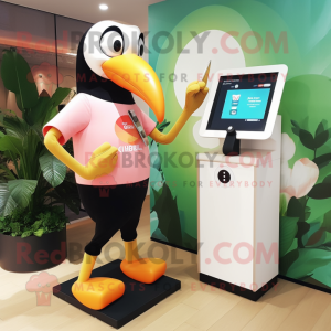 Peach Toucan mascot costume character dressed with a Leggings and Digital watches