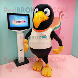 Peach Toucan mascot costume character dressed with a Leggings and Digital watches