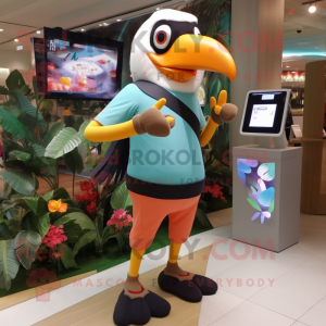 Peach Toucan mascot costume character dressed with a Leggings and Digital watches