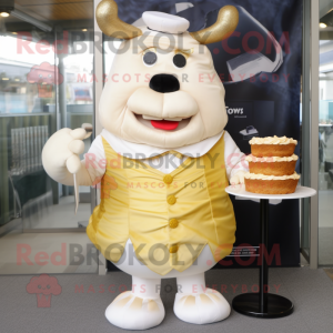 Cream Beef Wellington mascot costume character dressed with a Skirt and Tie pins