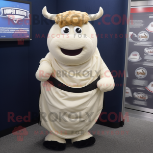 Cream Beef Wellington mascot costume character dressed with a Skirt and Tie pins