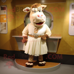 Cream Beef Wellington mascot costume character dressed with a Skirt and Tie pins