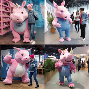 Pink Rhinoceros mascot costume character dressed with a Boyfriend Jeans and Hairpins