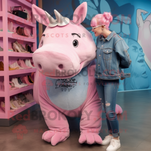 Pink Rhinoceros mascot costume character dressed with a Boyfriend Jeans and Hairpins