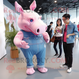 Pink Rhinoceros mascot costume character dressed with a Boyfriend Jeans and Hairpins