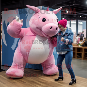 Pink Rhinoceros mascot costume character dressed with a Boyfriend Jeans and Hairpins