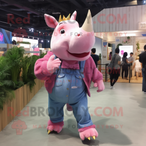 Pink Rhinoceros mascot costume character dressed with a Boyfriend Jeans and Hairpins