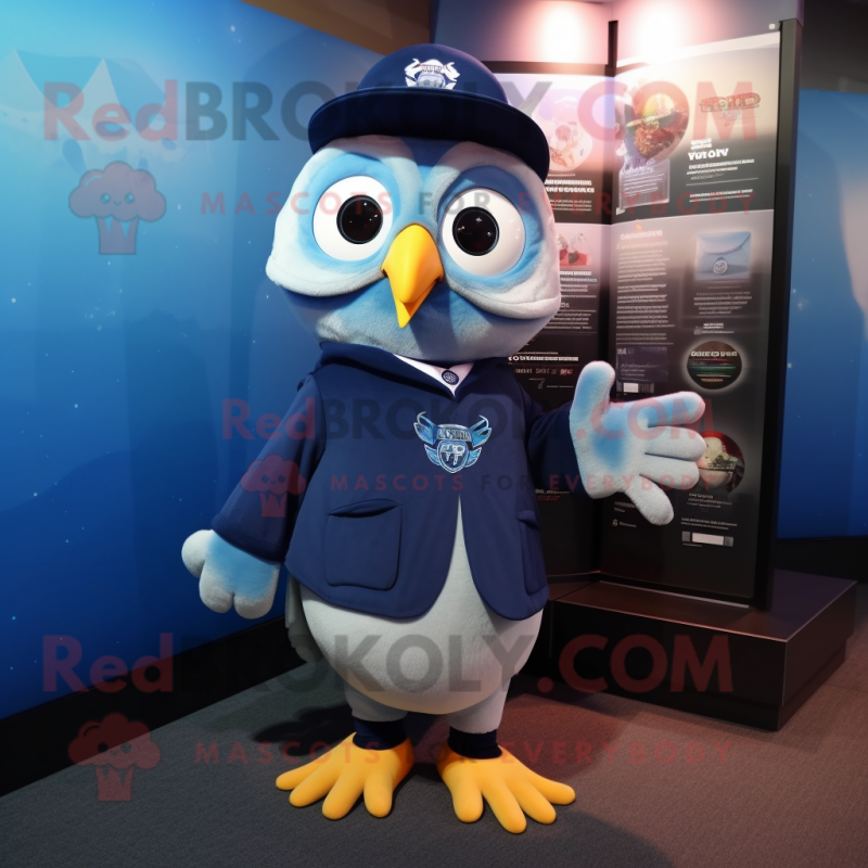 Navy Owl mascot costume character dressed with a Leggings and Shawls Navy Owl mascot costume character dressed with a Leggings and Shawls