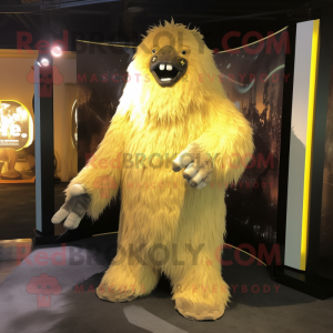 Gold Yeti mascot costume character dressed with a Sheath Dress and Scarf clips