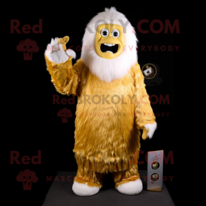 Gold Yeti mascot costume character dressed with a Sheath Dress and Scarf clips