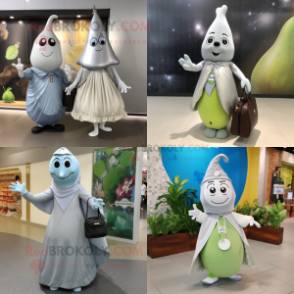 Silver Pear mascot costume character dressed with a Maxi Dress and Messenger bags