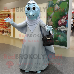 Silver Pear mascot costume character dressed with a Maxi Dress and Messenger bags