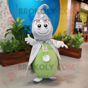 Silver Pear mascot costume character dressed with a Maxi Dress and Messenger bags