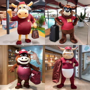 Maroon Bull mascot costume character dressed with a One-Piece Swimsuit and Handbags
