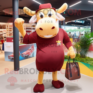 Maroon Bull mascot costume character dressed with a One-Piece Swimsuit and Handbags