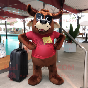 Maroon Bull mascot costume character dressed with a One-Piece Swimsuit and Handbags