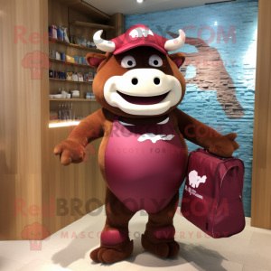 Maroon Bull mascot costume character dressed with a One-Piece Swimsuit and Handbags