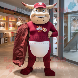 Maroon Bull mascot costume character dressed with a One-Piece Swimsuit and Handbags