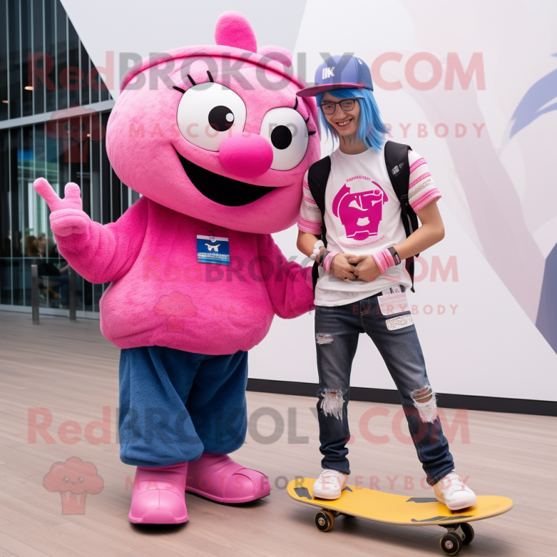 Pink Skateboard mascot costume character dressed with a Boyfriend Jeans and Watches
