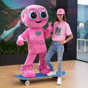 Pink Skateboard mascot costume character dressed with a Boyfriend Jeans and Watches