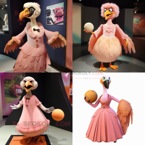 Peach Vulture mascot costume character dressed with a Ball Gown and Lapel pins