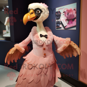 Peach Vulture mascot costume character dressed with a Ball Gown and Lapel pins