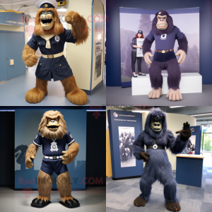 Navy Sasquatch mascot costume character dressed with a Mini Skirt and Belts