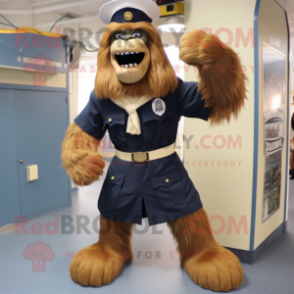 Navy Sasquatch mascot costume character dressed with a Mini Skirt and Belts