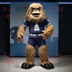 Navy Sasquatch mascot costume character dressed with a Mini Skirt and Belts