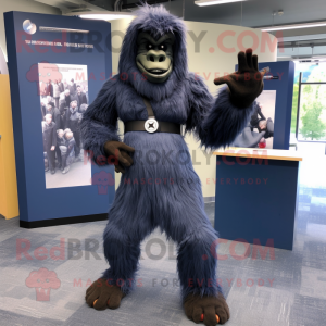 Navy Sasquatch mascot costume character dressed with a Mini Skirt and Belts