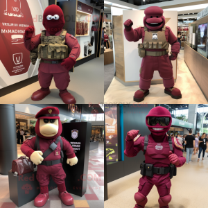 Maroon Para Commando mascot costume character dressed with a V-Neck Tee and Handbags