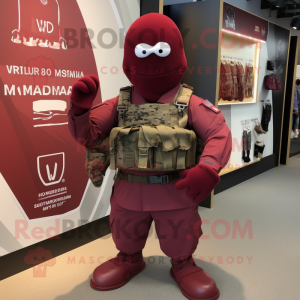 Maroon Para Commando mascot costume character dressed with a V-Neck Tee and Handbags