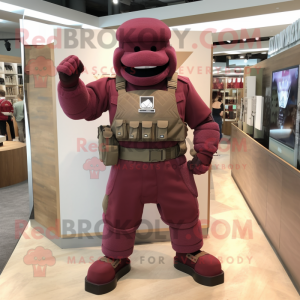Maroon Para Commando mascot costume character dressed with a V-Neck Tee and Handbags