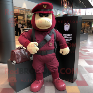 Maroon Para Commando mascot costume character dressed with a V-Neck Tee and Handbags