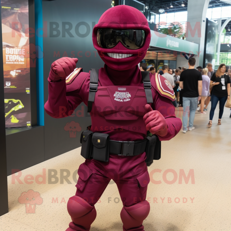 Maroon Para Commando mascot costume character dressed with a V-Neck Tee and Handbags