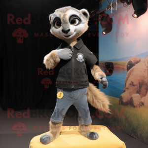 Black Meerkat mascot costume character dressed with a Jeans and Brooches