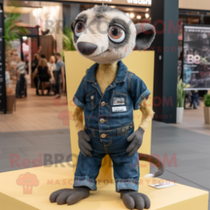 Black Meerkat mascot costume character dressed with a Jeans and Brooches