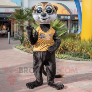 Black Meerkat mascot costume character dressed with a Jeans and Brooches