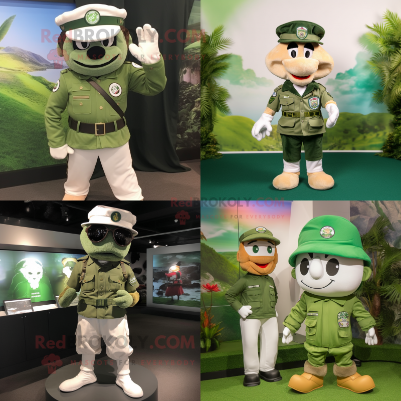 White Green Beret mascot costume character dressed with a Bermuda Shorts and Berets