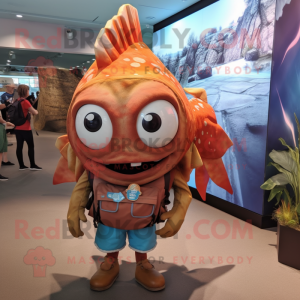 Rust Fish Tacos mascot costume character dressed with a T-Shirt and Backpacks