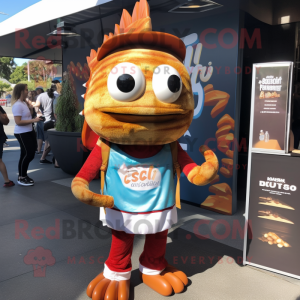 Rust Fish Tacos mascot costume character dressed with a T-Shirt and Backpacks