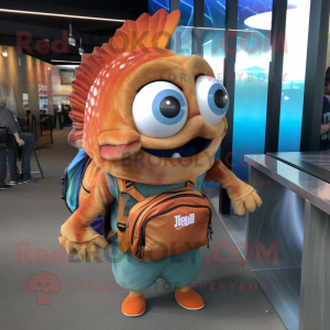 Rust Fish Tacos mascot costume character dressed with a T-Shirt and Backpacks