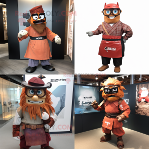 Rust Samurai mascot costume character dressed with a Oxford Shirt and Eyeglasses