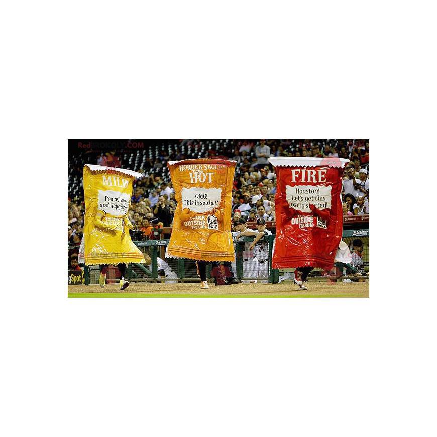 3 mascottes de sachets de sauces jaune rouge et orange -